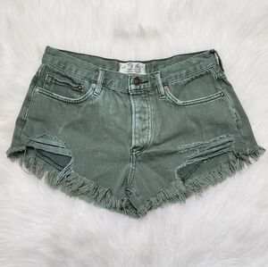​Free People We The Free Now or Never Olive Green Distressed Denim Shorts 26